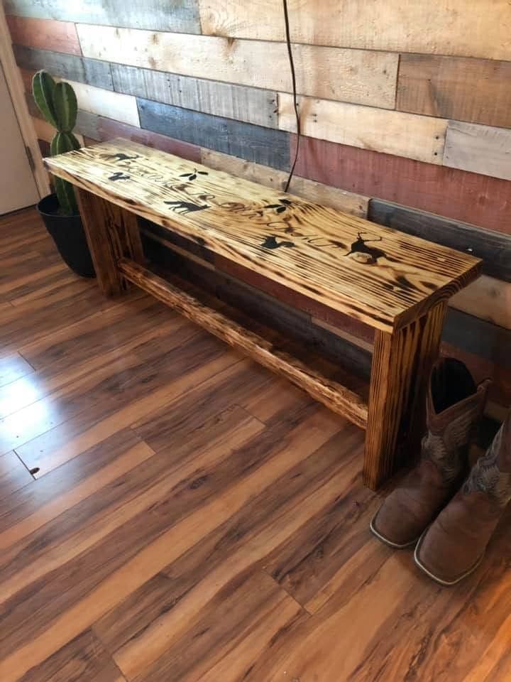 Handmade wood-burnt rustic bench