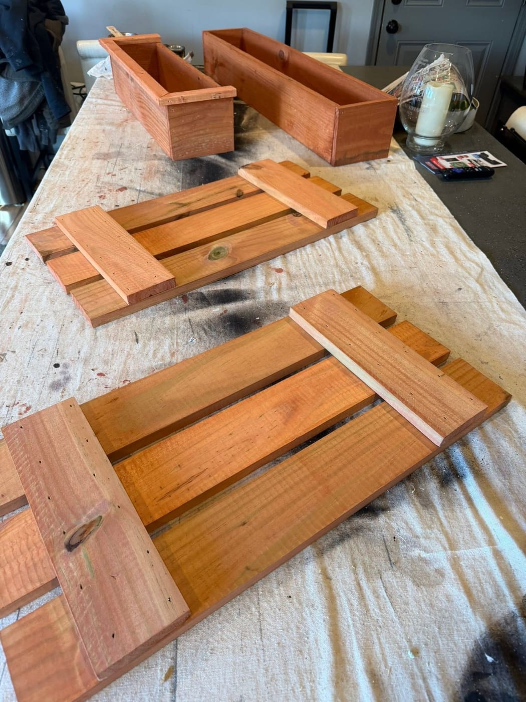Handmade wood shutters and flower boxes in the shop